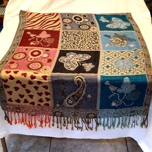 Silk & wool Pashmina scarf, butterfly paisley cheetah hearts floral